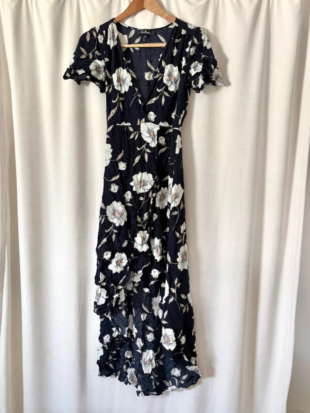 Lulus Lake Como Navy Blue Floral Print High-Low Wrap Dress size S - Picture 4 of 7